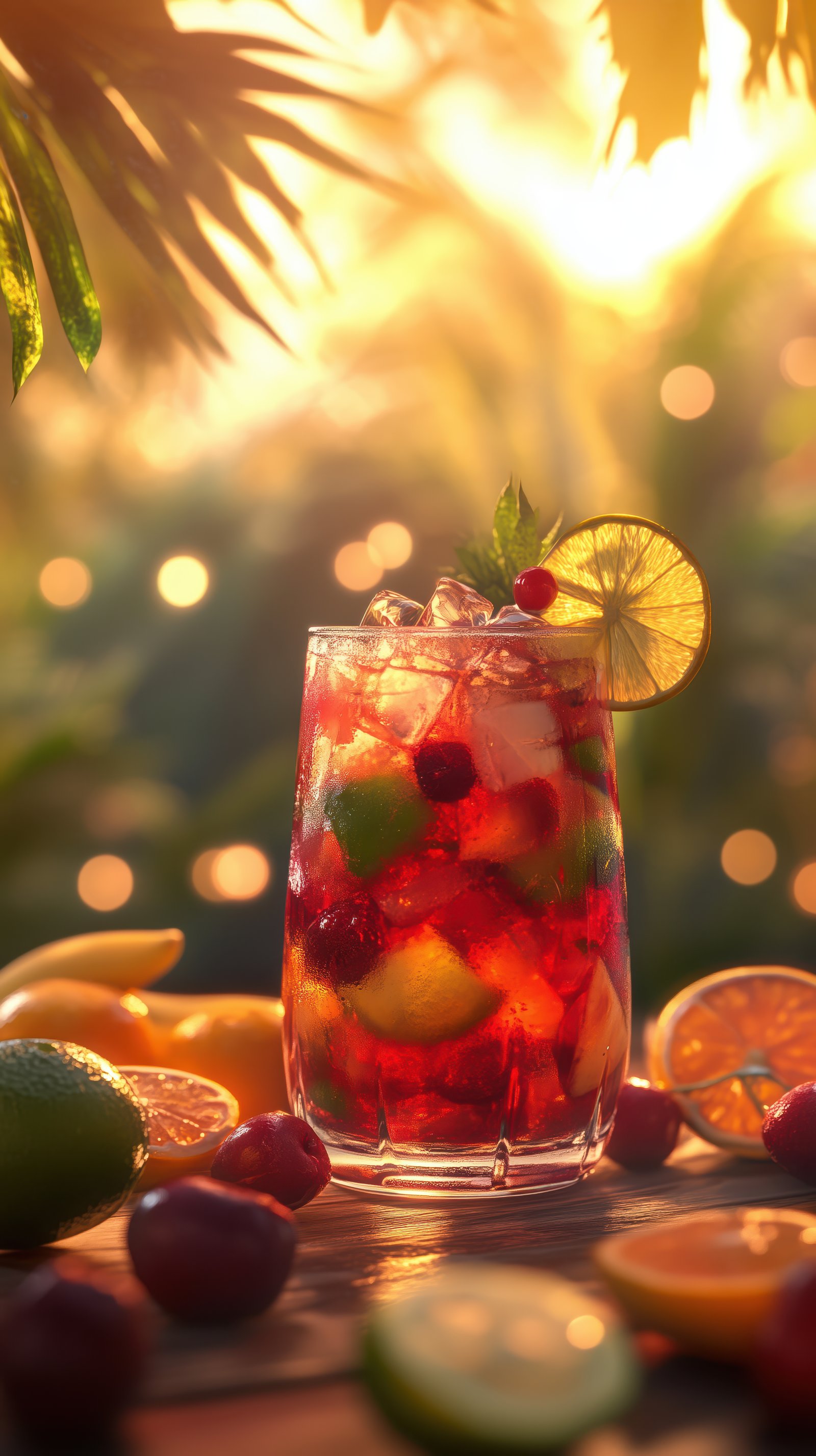 Refreshing summer mocktail with vibrant fruits and ice in a tropical setting at sunset
